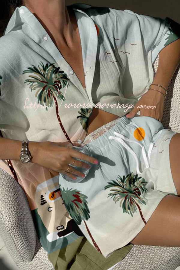 Beach Coconut Print Pocket Lace Up Button Shorts Set