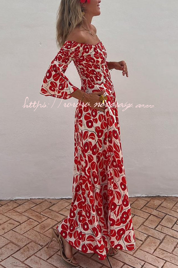 Close To The Vacation Floral Print Smocked Off Shoulder Pocketed Maxi Dress