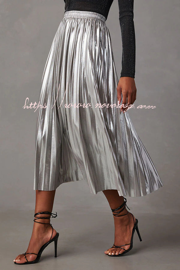 Yuletide Glow  Metallic Fabric Pleated Elastic Waist Midi Skirt