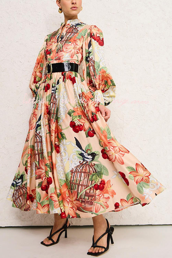 Life’s Romantic Moments Court Floral Print Balloon Sleeve Shirt Midi Dress