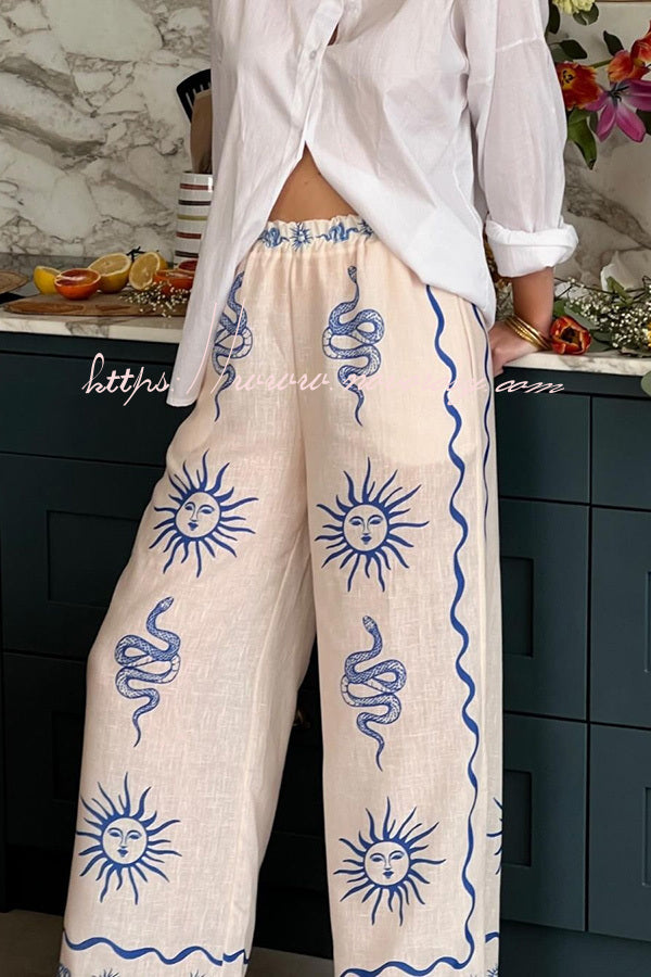 Symbol of Sicily Linen Blend Unique Print Elastic Waist Pocketed Wide Leg Pants