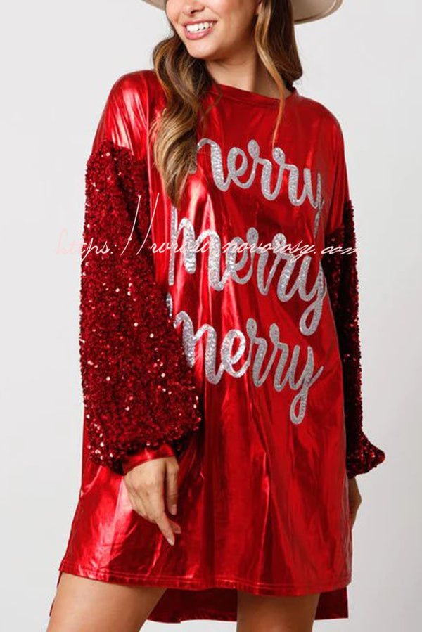 Verry Merry Sequin Sleeve Metallic Patchwork Loose Mini Dress
