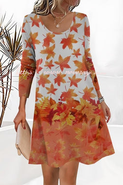 Maple Leaf Print Pullover Crewneck Mini Dress
