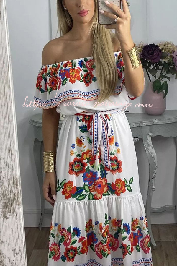 For A Season Floral Printed Off Shoulder Belt Maxi Dress