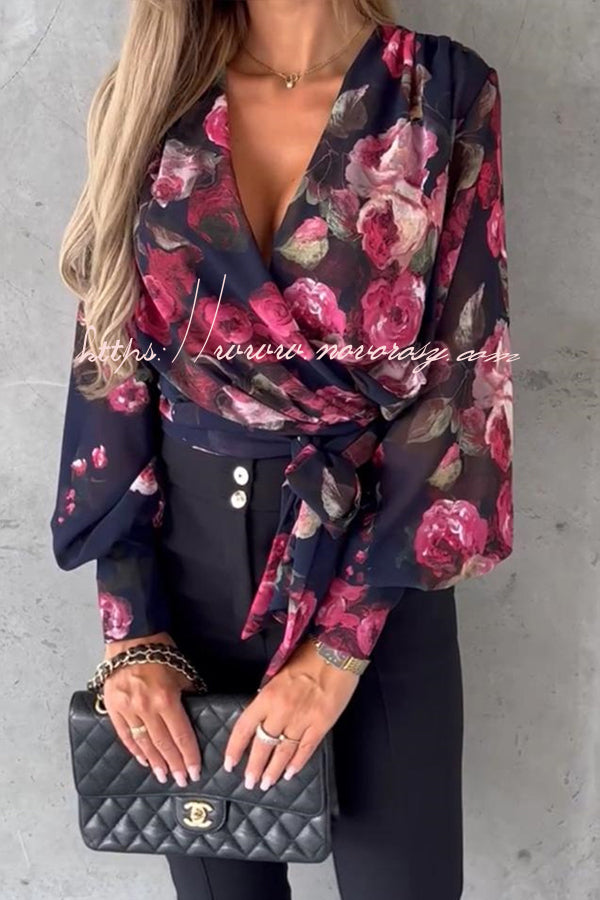 Unique Printed V Neck Strappy Pleated Shirt