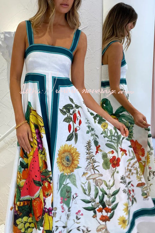 Italian Coastline Fruit Floral Print Back Smocked Maxi Dress