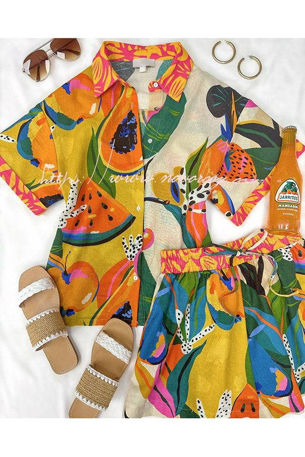 Meet At Sunset Unique Fruit Print Blouse and Elastic Waist Pocketed Shorts Set