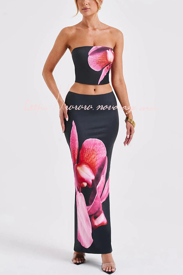 Allegra Abstract Floral Print Stretch Strapless Tank and Elastic Waist Maxi Skirt Set
