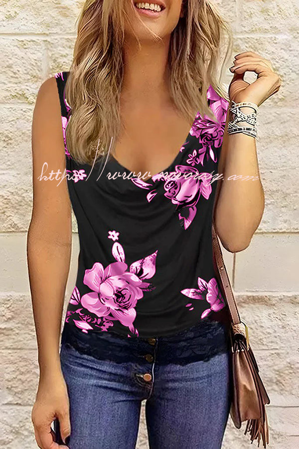 State of Grace Floral Cowl Neck Lace Trim Tank