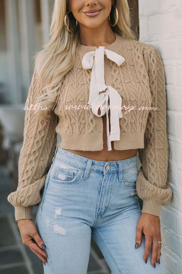 Cute and Warm Knit Cable Bow Detail Crop Sweater