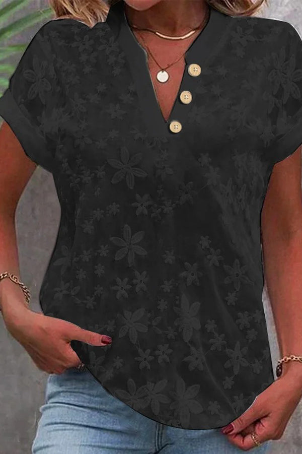 Flower Embroidered Casual Solid Color Short-sleeved Shirt