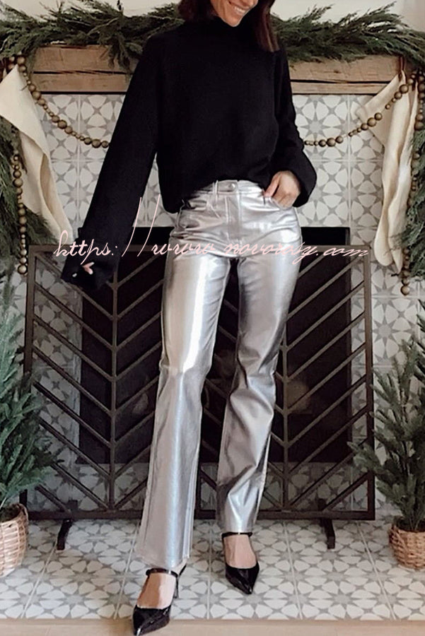 Endless Cheer Metallic Faux Leather High Rise Pocketed Straight Pants