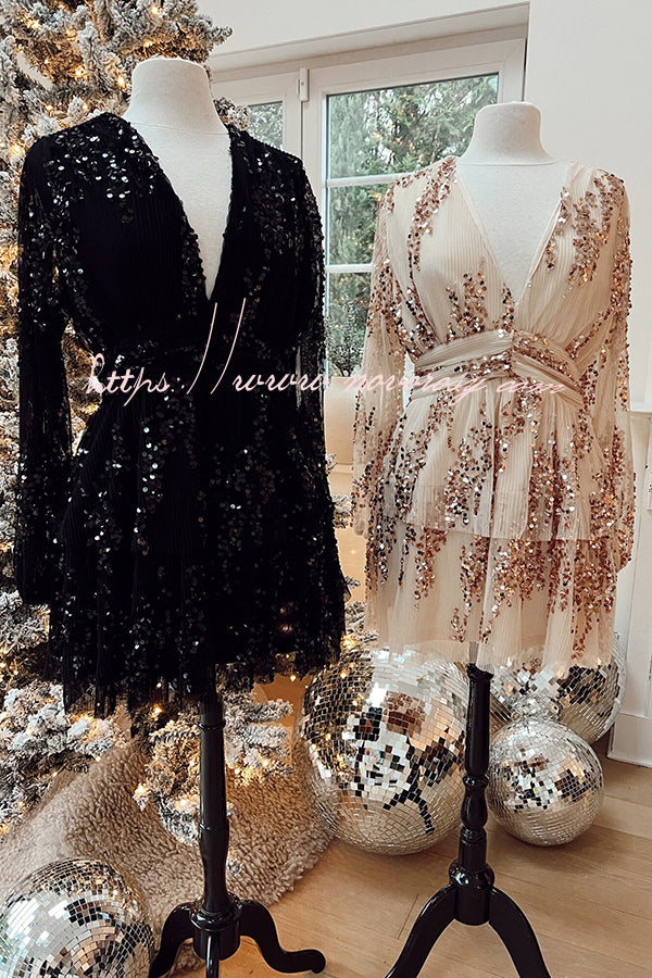 Night To Remember Sequin Chiffon Pleated Tiered Mini Dress