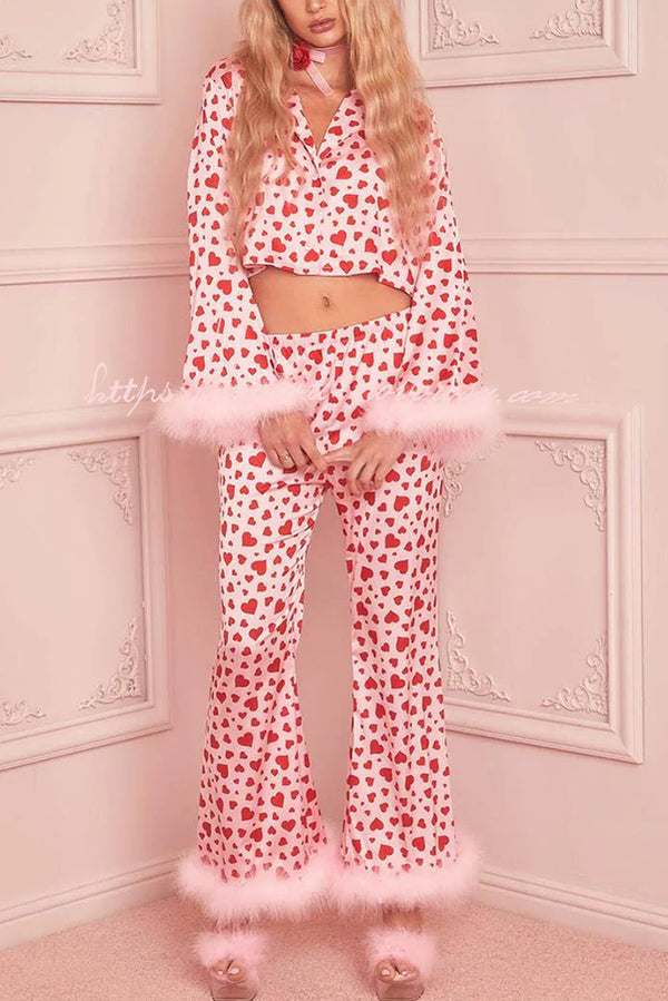 Gift of Love Heart Printed Feather Trim Crop Top Elastic Waist Pajama Set