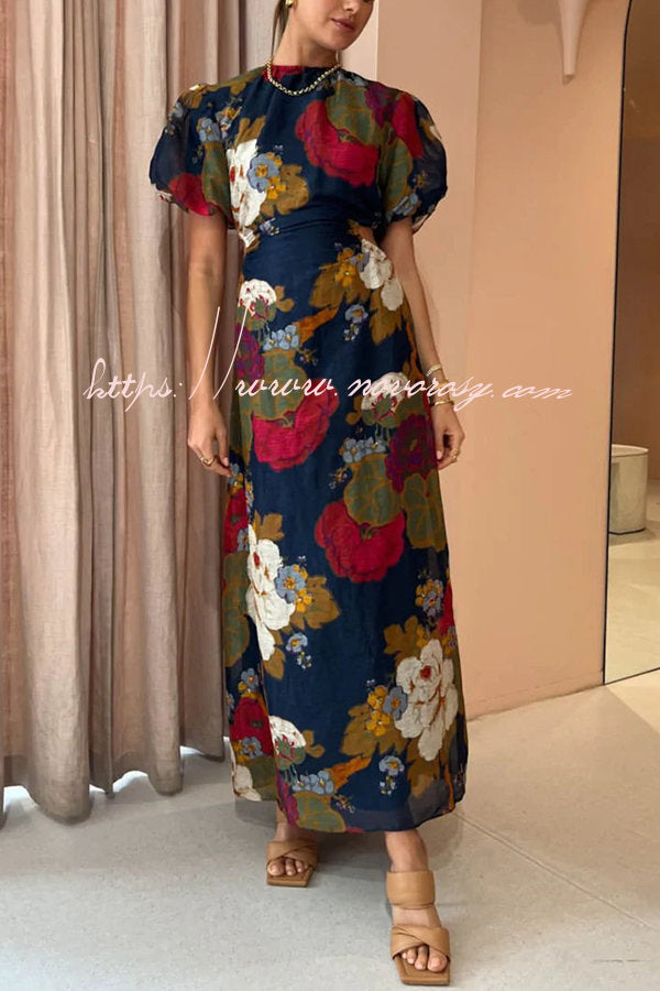 Our Greatest Love Watercolor Floral Puff Sleeve Cutout Elastic Waist Maxi Dress