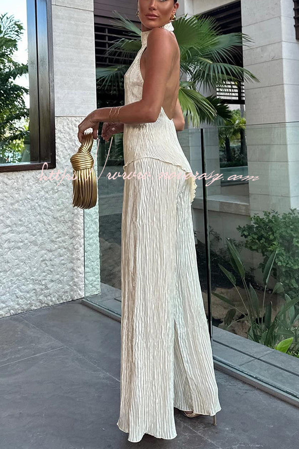 Charm and Charisma Texture Fabric Halter Neck Backless Tank and Elastic Waist Wide Leg Pants Suit
