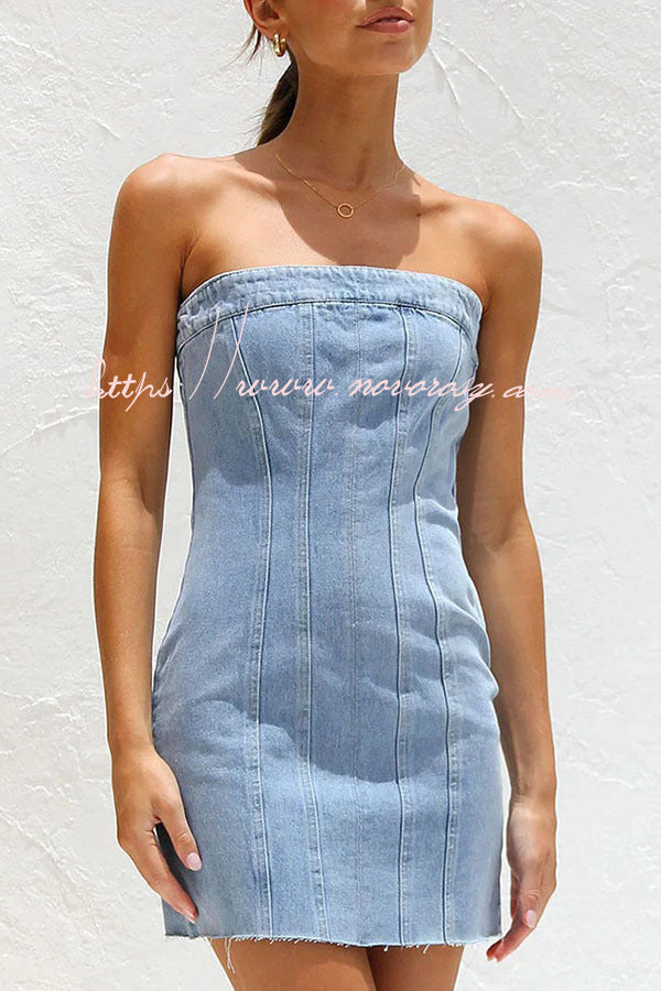 Sleeveless Backless Wrapped Bust Concealed Zip Denim Mini Dress