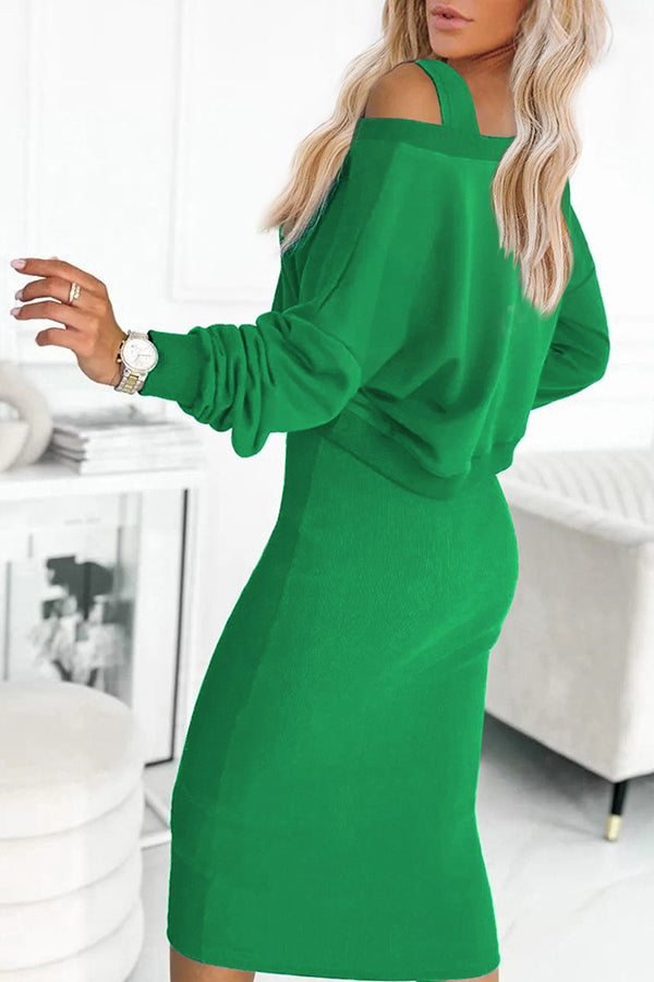 Solid Color Loose Hoodie and Stretch Tank Midi Dress Set