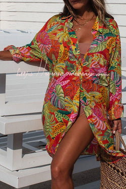 Resort Style Tropical Fruit and Vegetable Print Button Pocket Long Sleeve Shirt