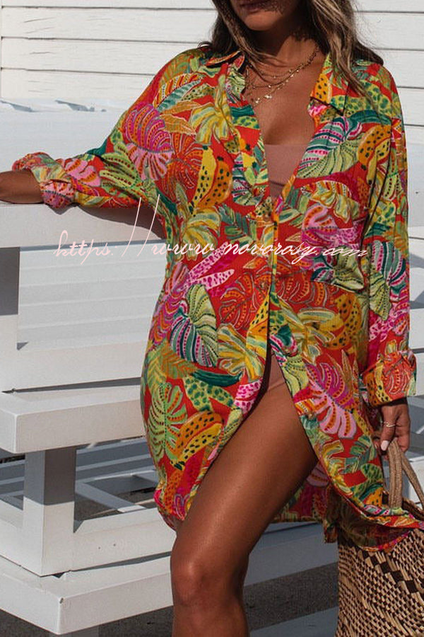 Resort Style Tropical Fruit and Vegetable Print Button Pocket Long Sleeve Shirt