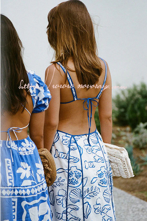 Love The Coastline Linen Blend Unique Print Cutout Tie-up Backless Maxi Dress