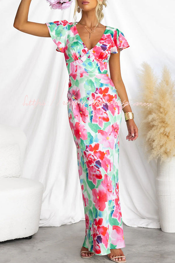 Say I Do Satin Floral Print Cap Sleeves Maxi Dress