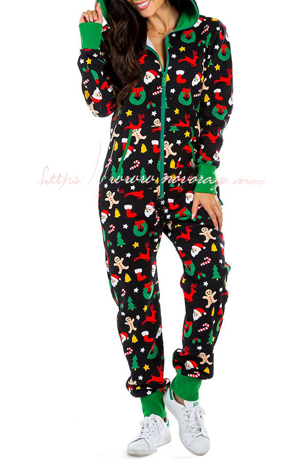 Christmas Print Zipper Pocketed Hooded Loungewear Jumpsuit