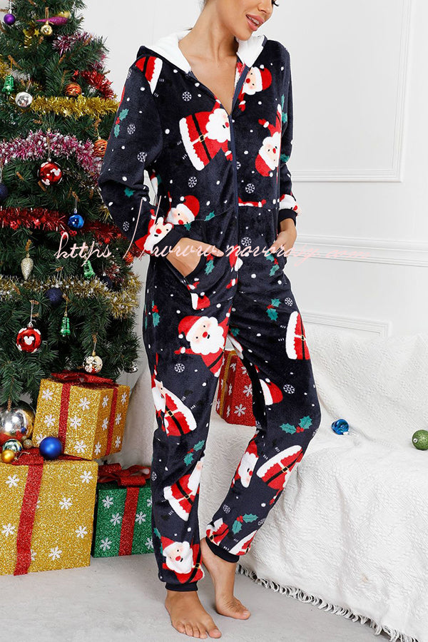 Festive Flavors Printed Flannel  Zipper Pocket Hooded Pajama Jumpsuit