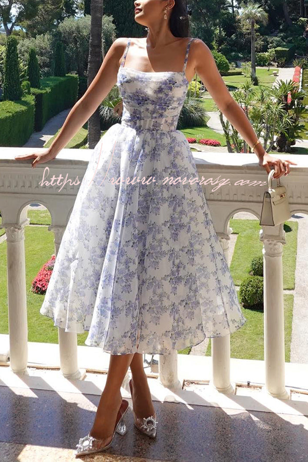 Romantic Mood Tulle Hydrangea Strap Back Lace-up Midi Dress