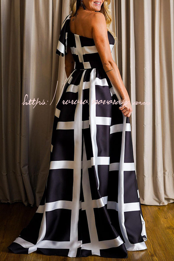 Unknown Beauty Grid Print One Shoulder Decoration Formal Maxi Dress