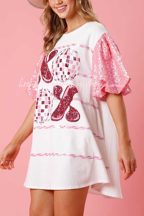Xoxo Gossip Girl Sequin Puff Sleeve T-shirt Loose Mini Dress