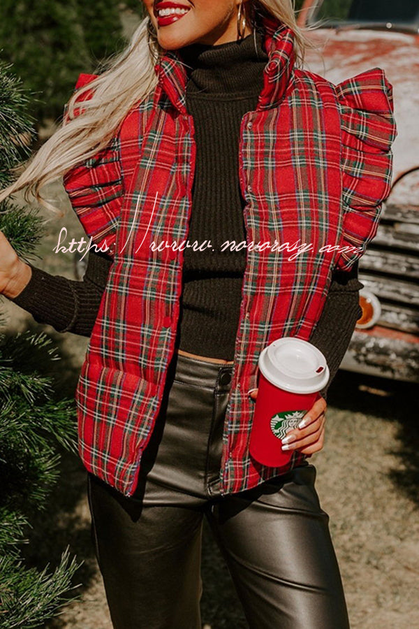 Seasonal Warmth Plaid Flutter Sleeve Pocket Quilted Puffy Vest