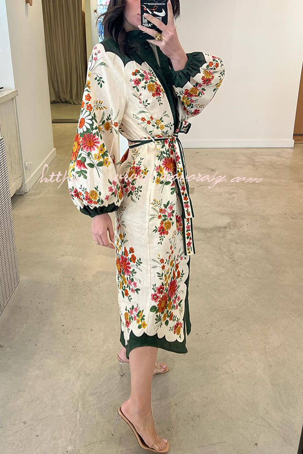 Yamada Floral Point Collar Balloon Sleeve Pocketed Belted Midi Dress