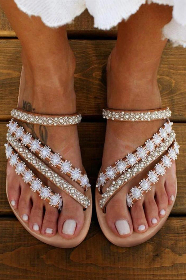 Beaded Lace Flat Slippers with Round Toe