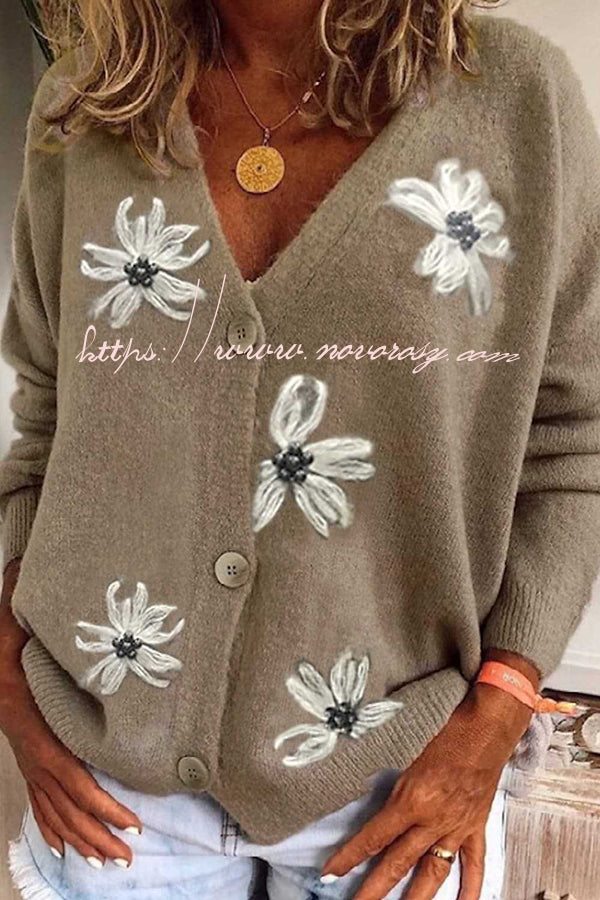 Floral Knit Single Breasted Long Sleeved Cardigan Coats