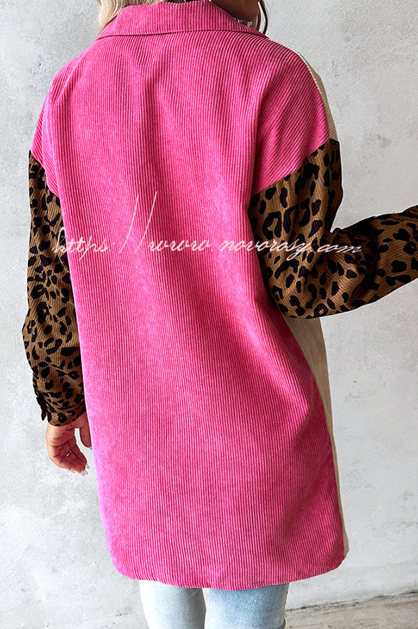 Colorblock Leopard Print Corduroy Long Sleeved Button Down Coat