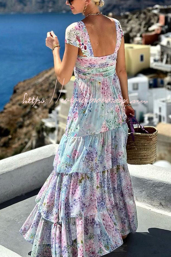 Santorini Pastels Printed Flower Pendant Ruched Layered Maxi Dress