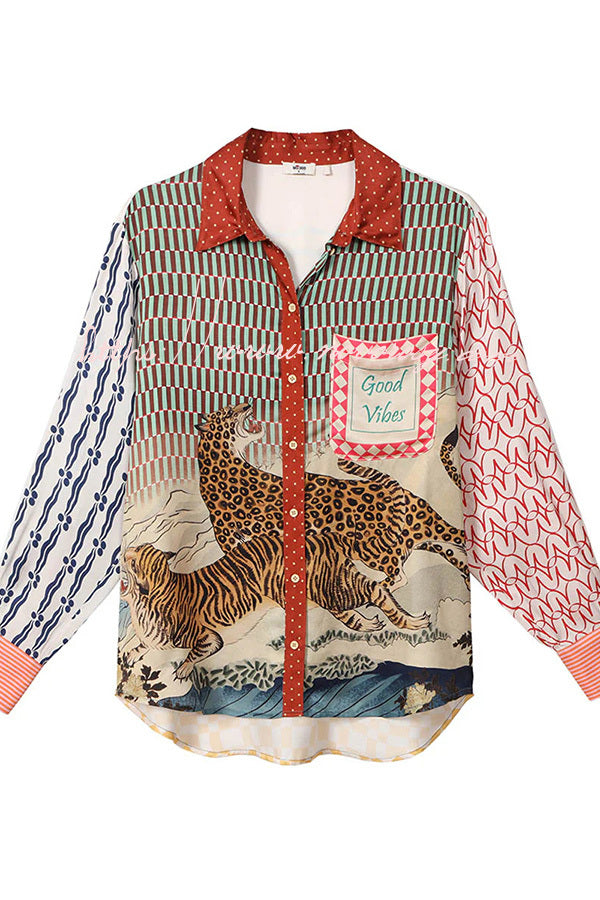 Unique Tiger Print Patchwork Pocket Loose Shirt