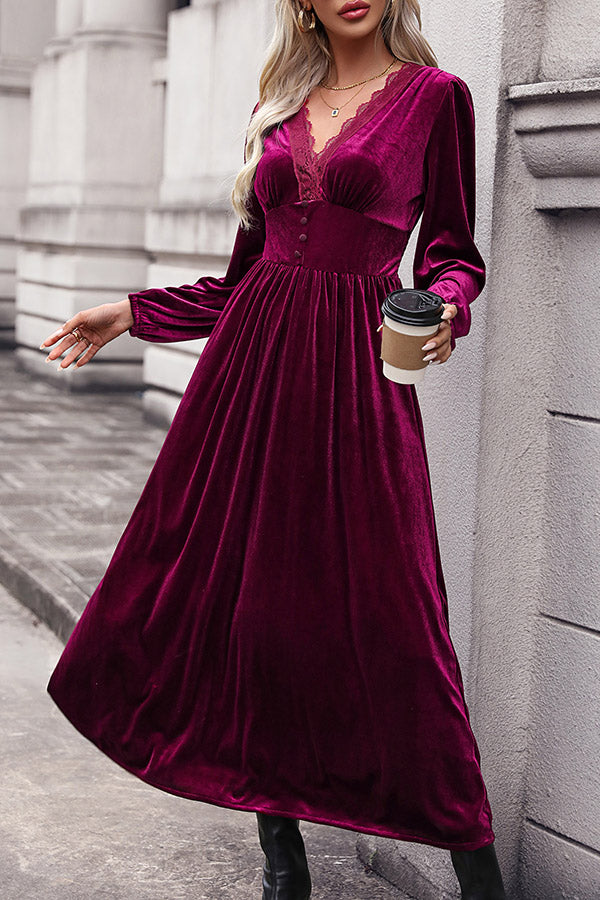 Lace Paneled Buttoned High Waist Pleated Velvet Dress