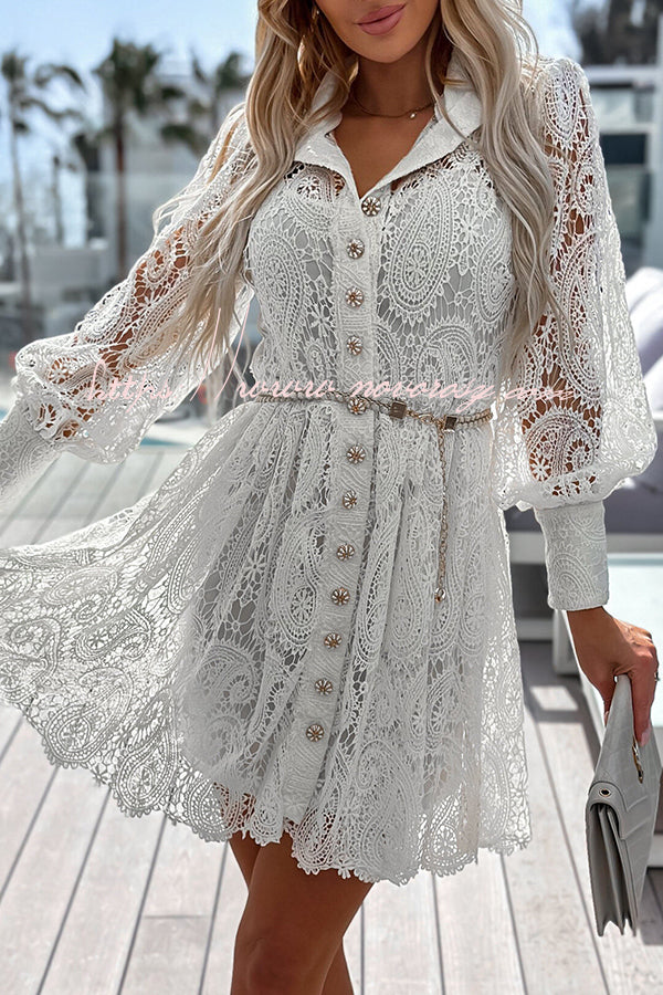 Lace Hollow Button Long Sleeve Mini Dress