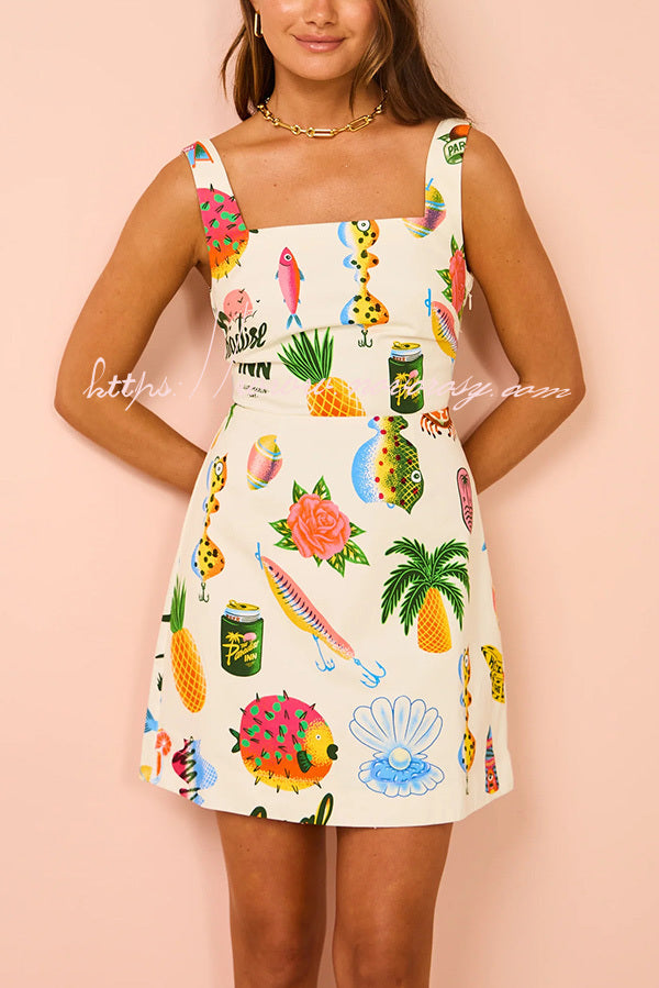Summer Colorful Fruit Unique Print Tie-back Mini Dress