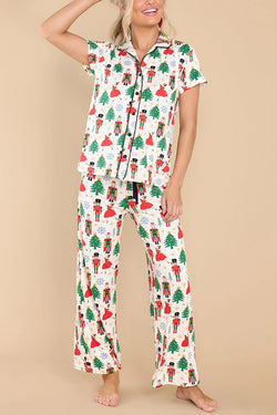 Dancing Holiday Nutcracker Print Elastic Waist Pocketed Pajama Set
