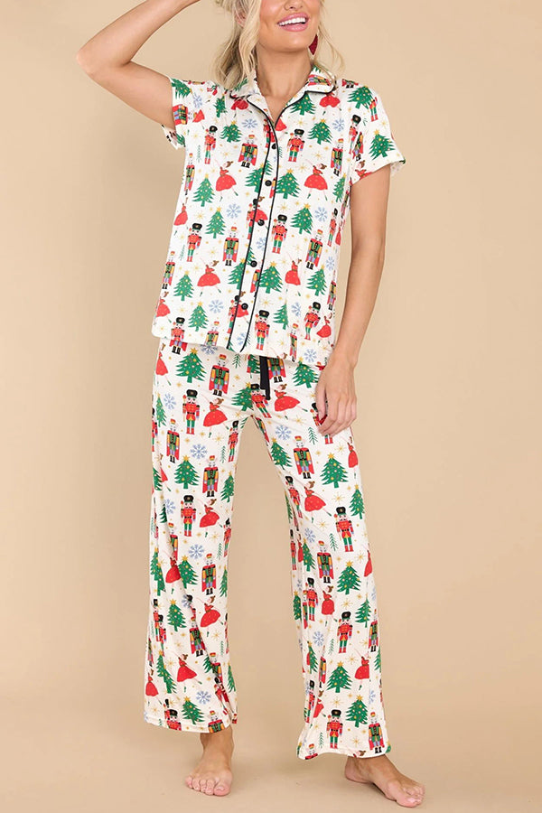 Dancing Holiday Nutcracker Print Elastic Waist Pocketed Pajama Set