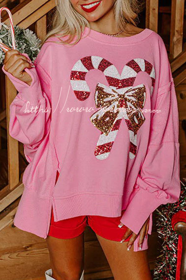 Candy Cane Lane Sequined Pullover Long Sleeved Sweatshirt