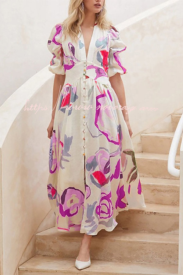 Lover's Gaze Watercolor Floral Printed Puff Sleeve Button Maxi Dress