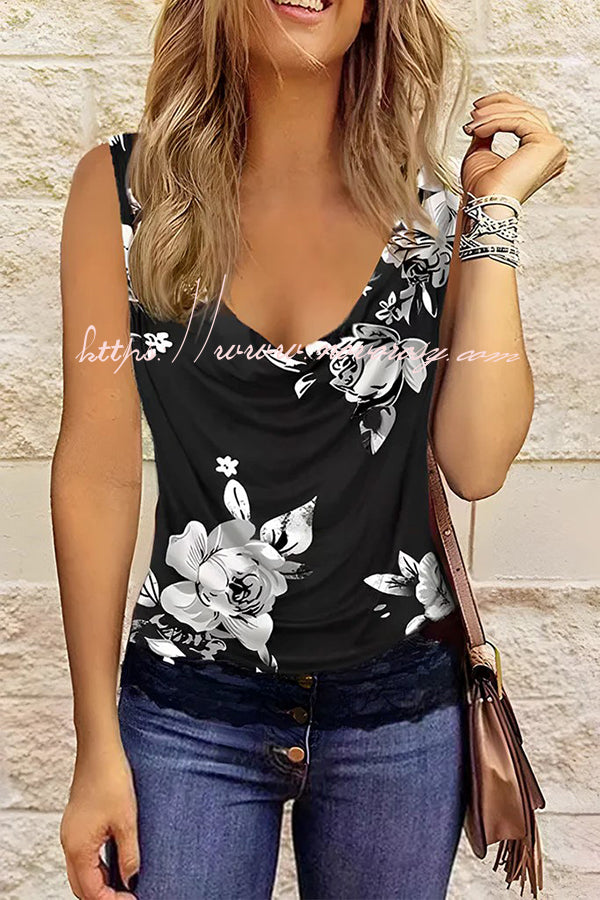 State of Grace Floral Cowl Neck Lace Trim Tank