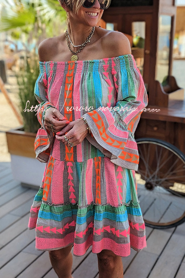 Friendly Shores Linen Blend Ethnic Print Off Shoulder Loose Mini Dress