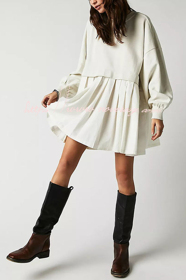 Sweet and Special Exaggerated Pleated Patchwork Sweatshirt A-line Mini Dress