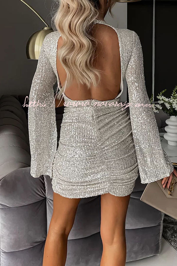 Outshining Everyone Sequin Cape Sleeve Ruched Backless Mini Dress