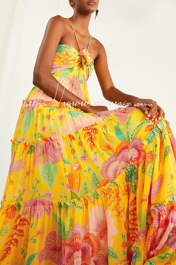 Blossom Feelings Printed Flower Design Halter A-line Maxi Dress